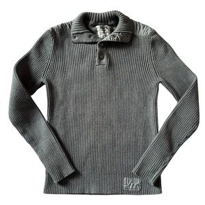 Express Gray Ribbed Knit Military Henley Sweater L Quiet Luxury Cotton Pullover